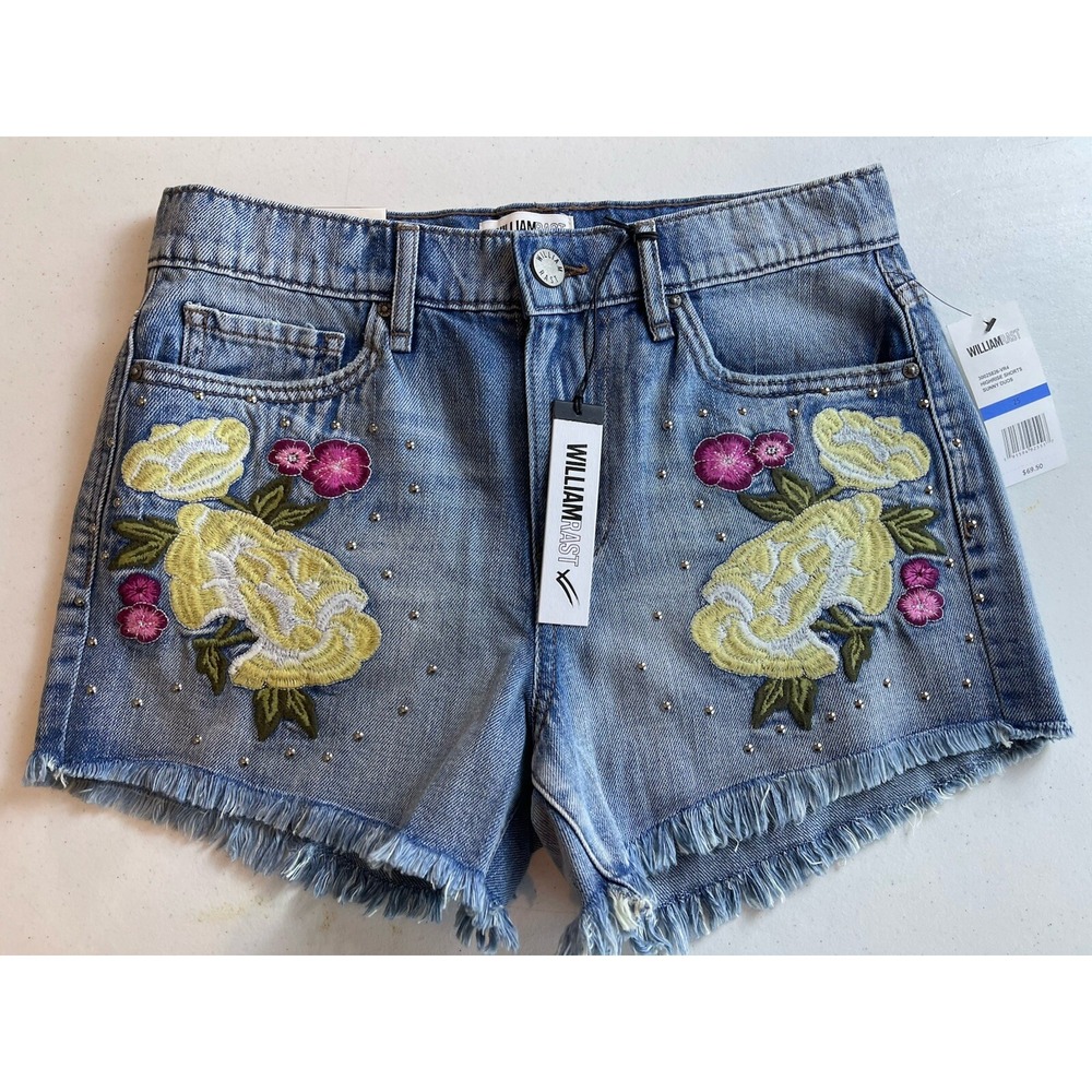 WILLIAM RAST Embroidered Floral Studded Denim High Rise Sunny Duos Shorts Sz 25